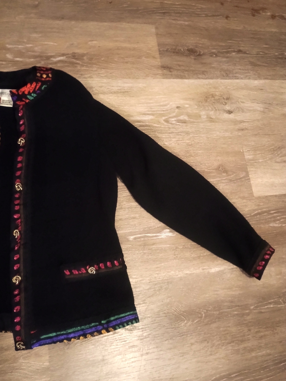 Anne Crimminys Black Knit Embroidered Sweater Cardigan with Multicolor Trim - Picture 7 of 16